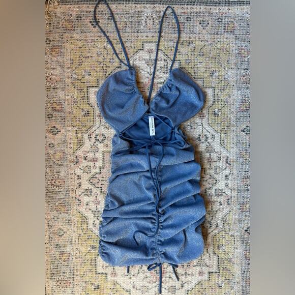 Lucy in the Sky Dusty Blue Glitter Ruched Bodycon Mini Dress Size Medium - Picture 2 of 8
